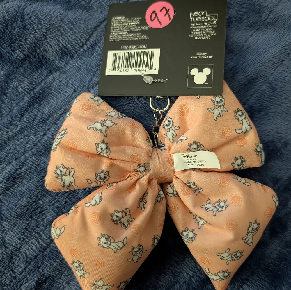 Disney Peach-Pink Marie Bow Keychain with Clip